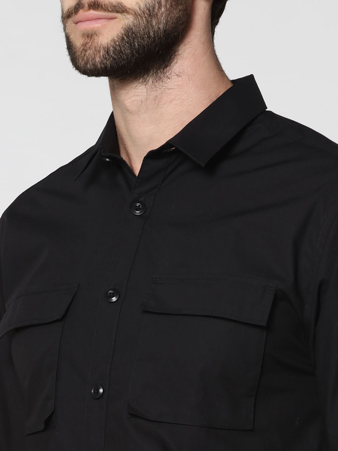 Black Placement Print Two Pocket Full Sleeves Shirt