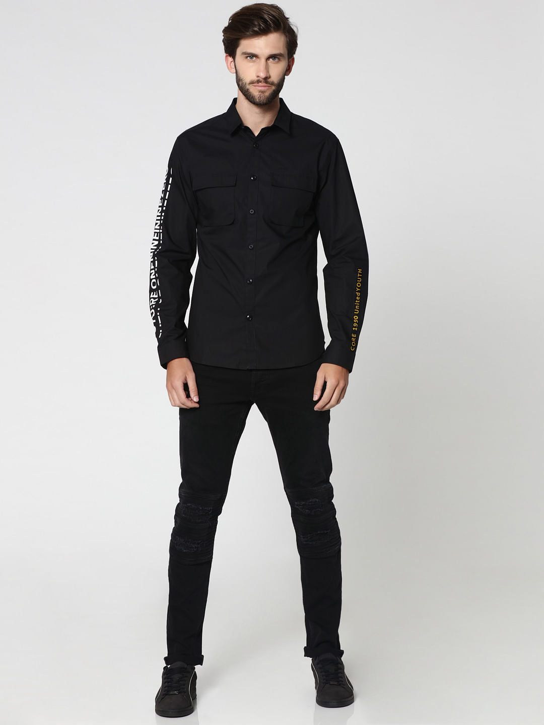 Black Placement Print Two Pocket Full Sleeves Shirt