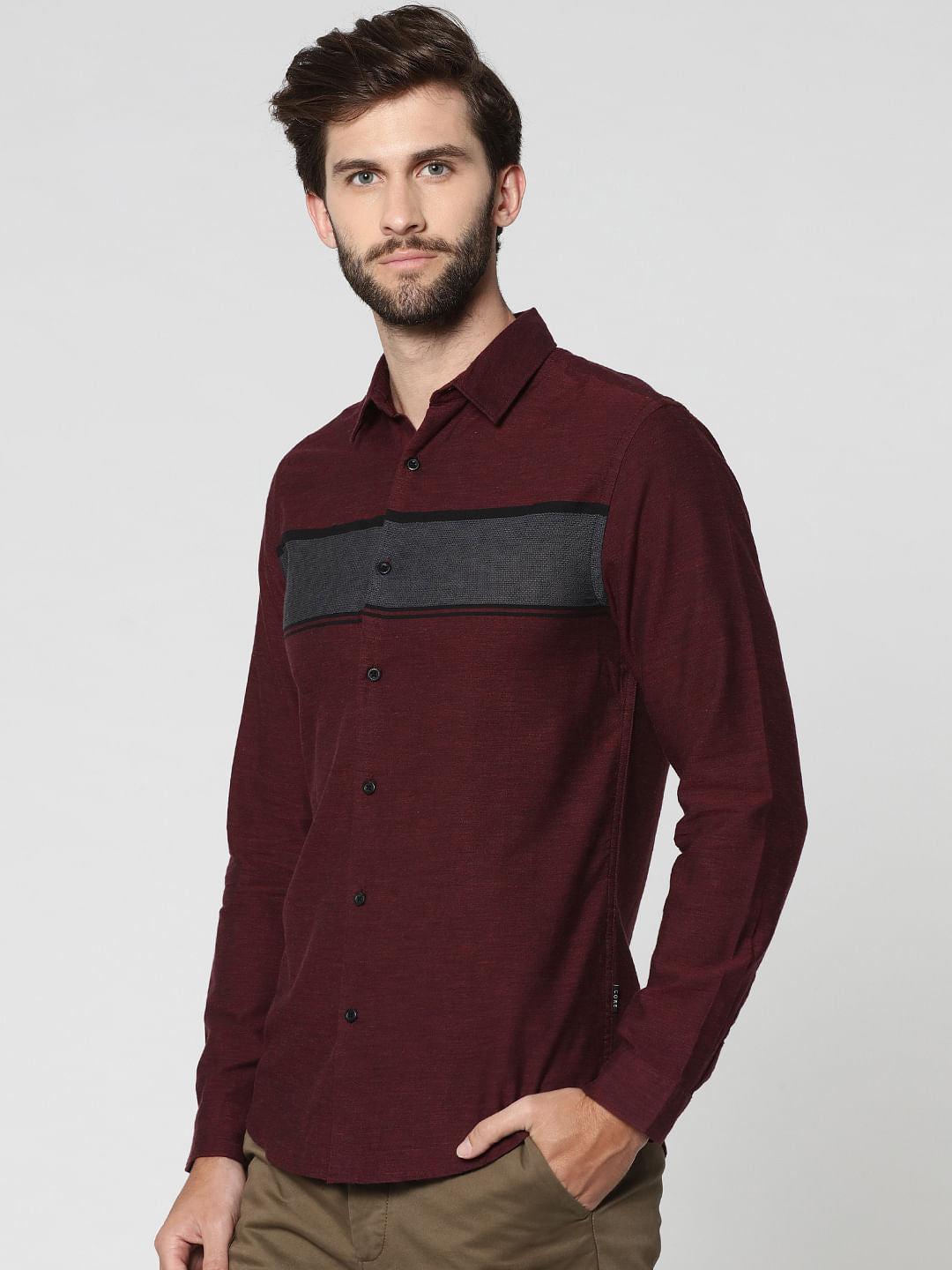 Burgundy Striped Full Sleeves Shirt
