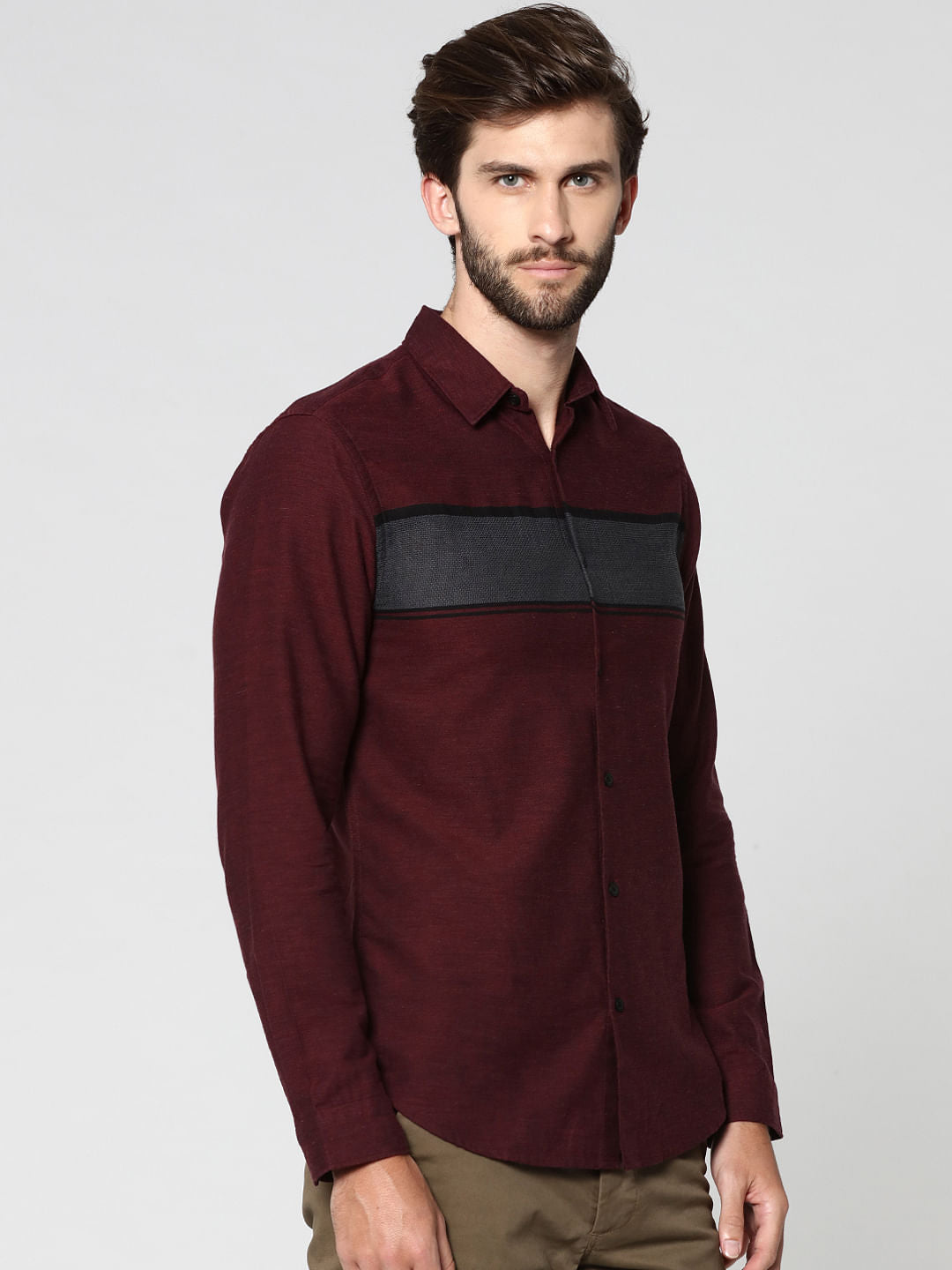 Burgundy Striped Full Sleeves Shirt