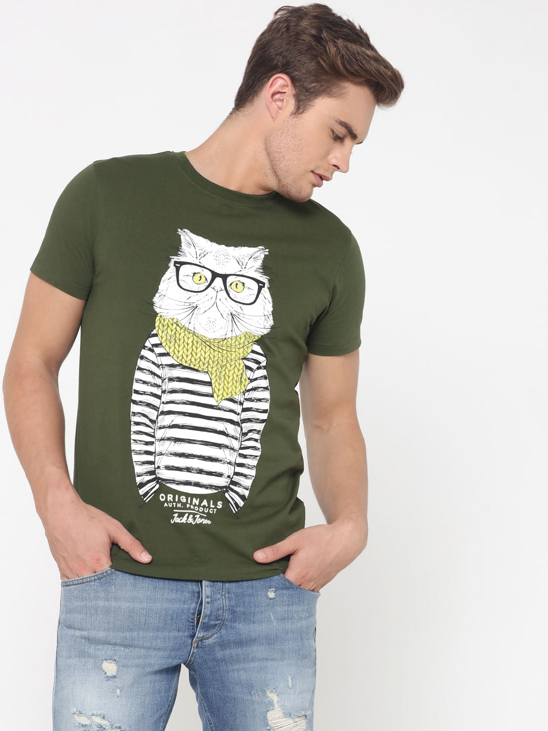 Olive Green Cat Print Crew Neck T-Shirt