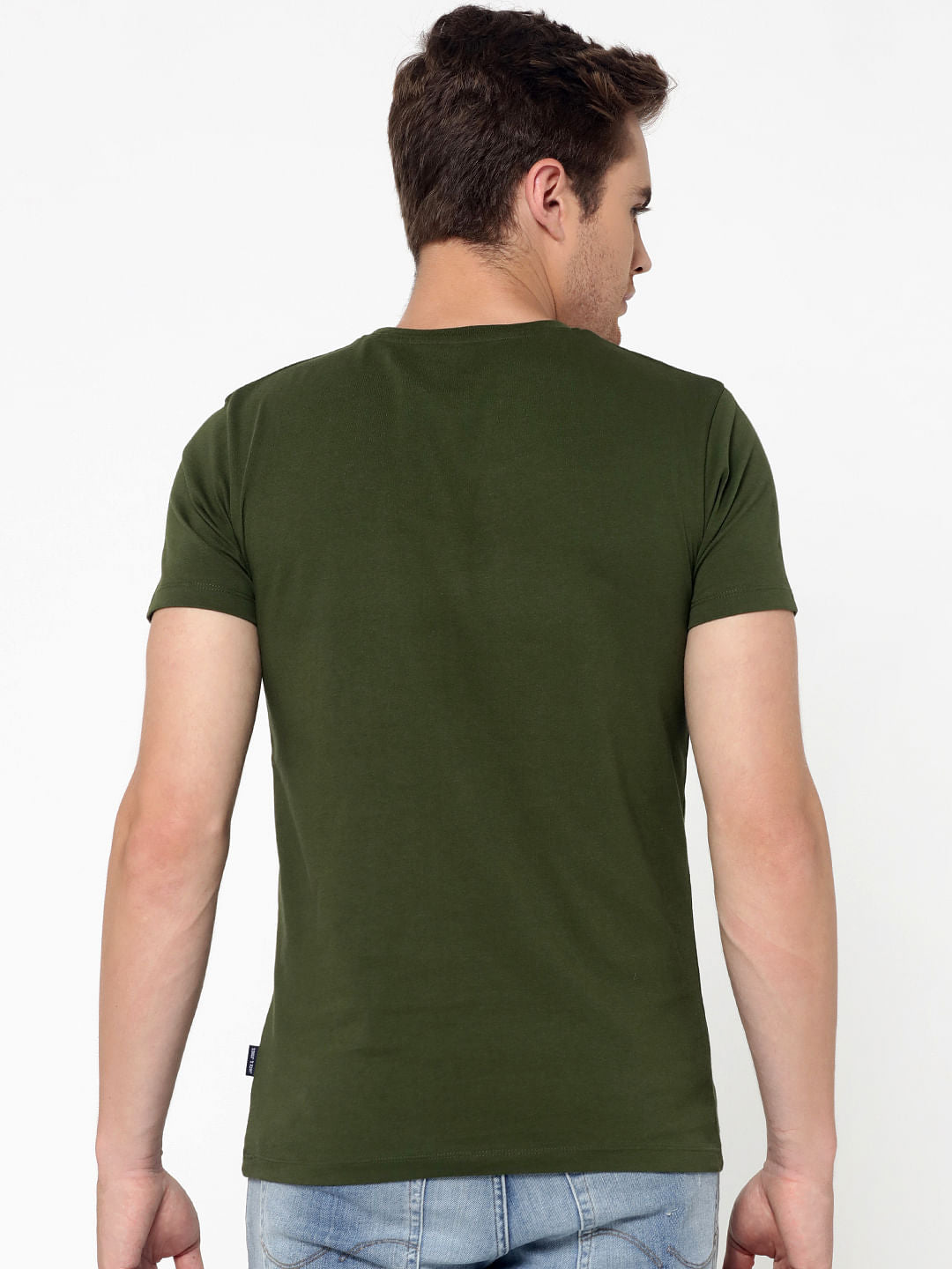 Olive Green Cat Print Crew Neck T-Shirt