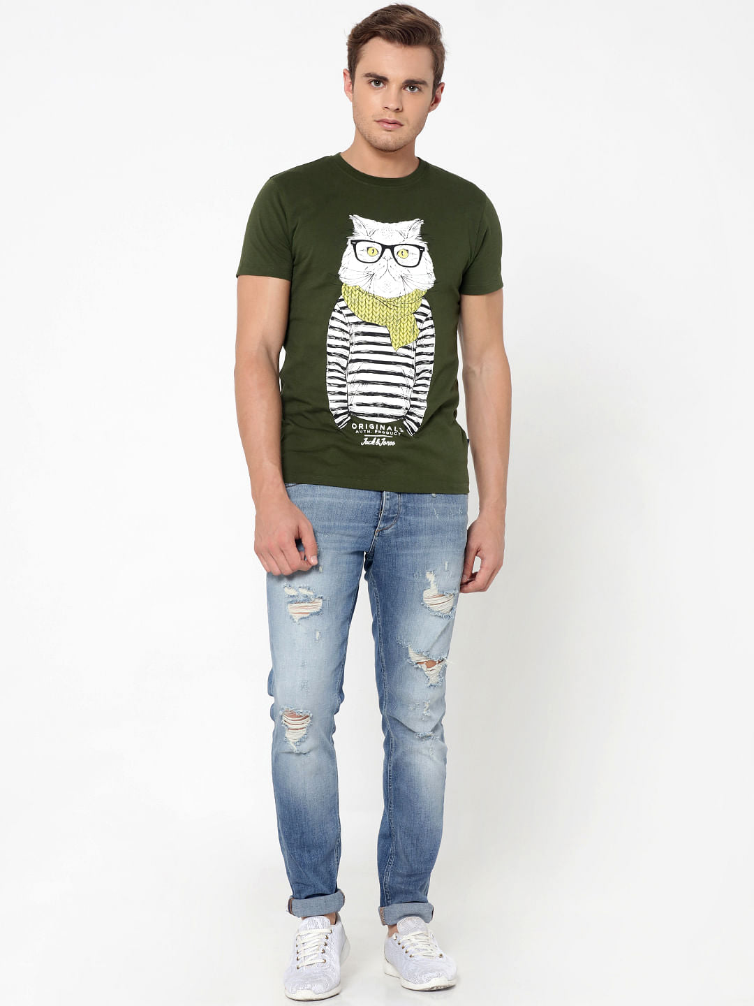 Olive Green Cat Print Crew Neck T-Shirt