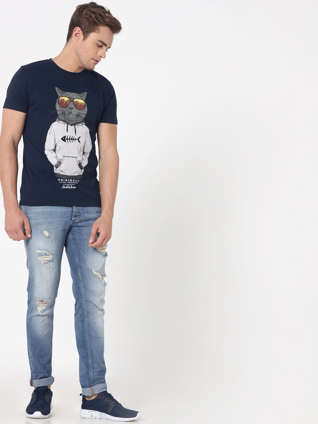 Dark Blue Cat Print Crew Neck T-Shirt