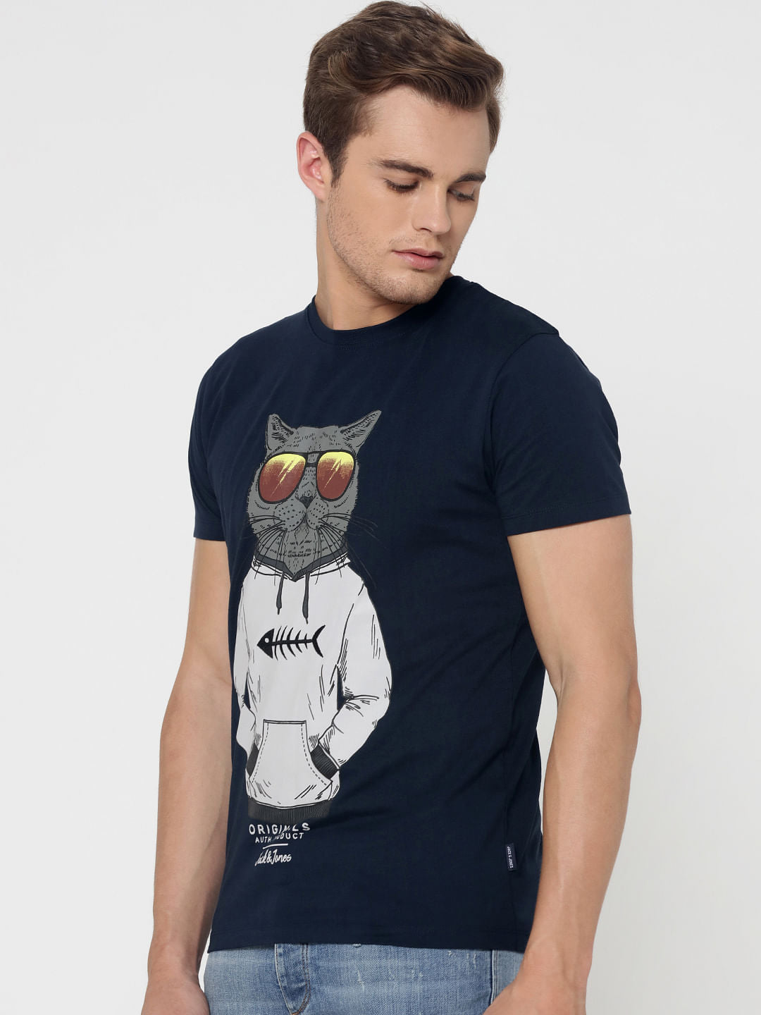 Dark Blue Cat Print Crew Neck T-Shirt