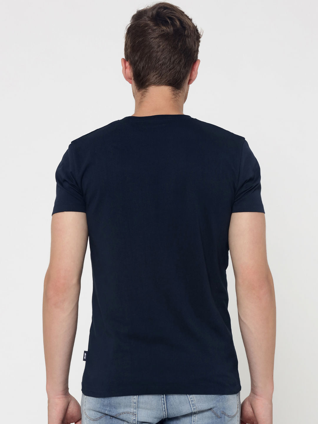 Dark Blue Cat Print Crew Neck T-Shirt
