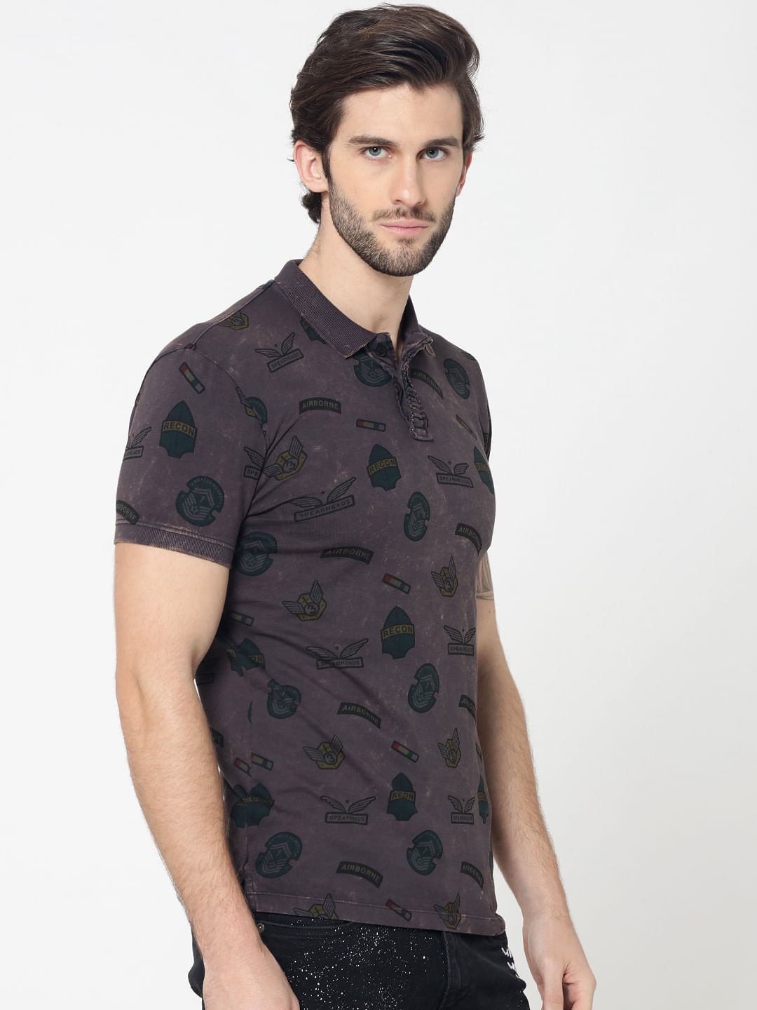 Grey Badge Print Polo T-Shirt