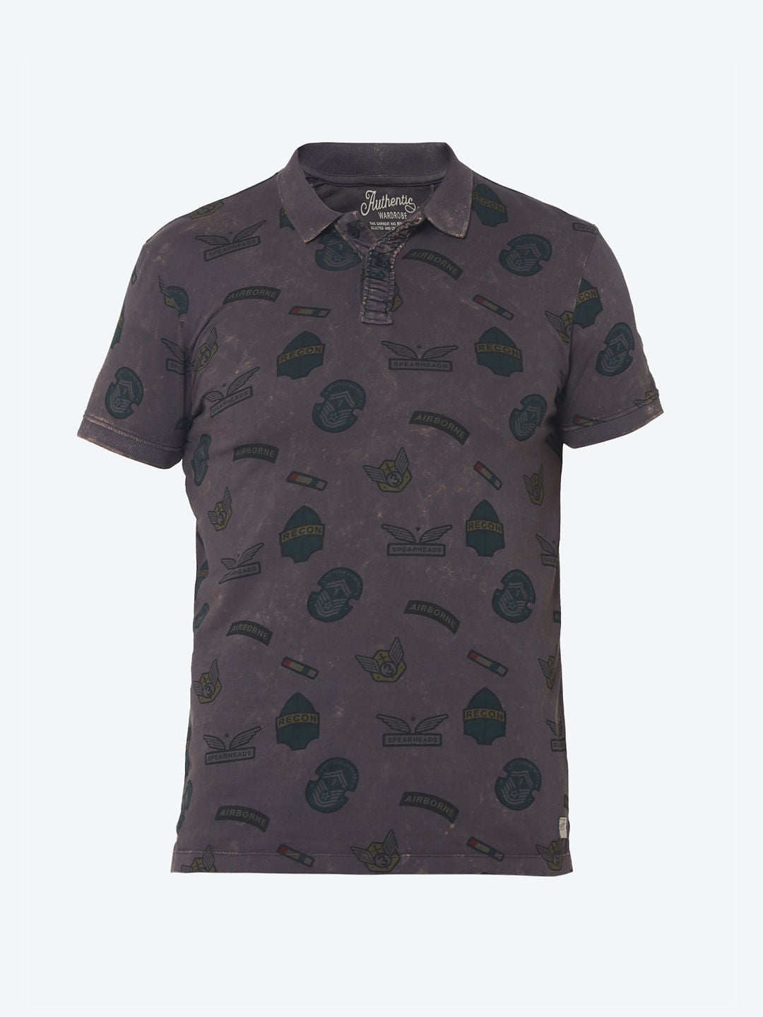 Grey Badge Print Polo T-Shirt