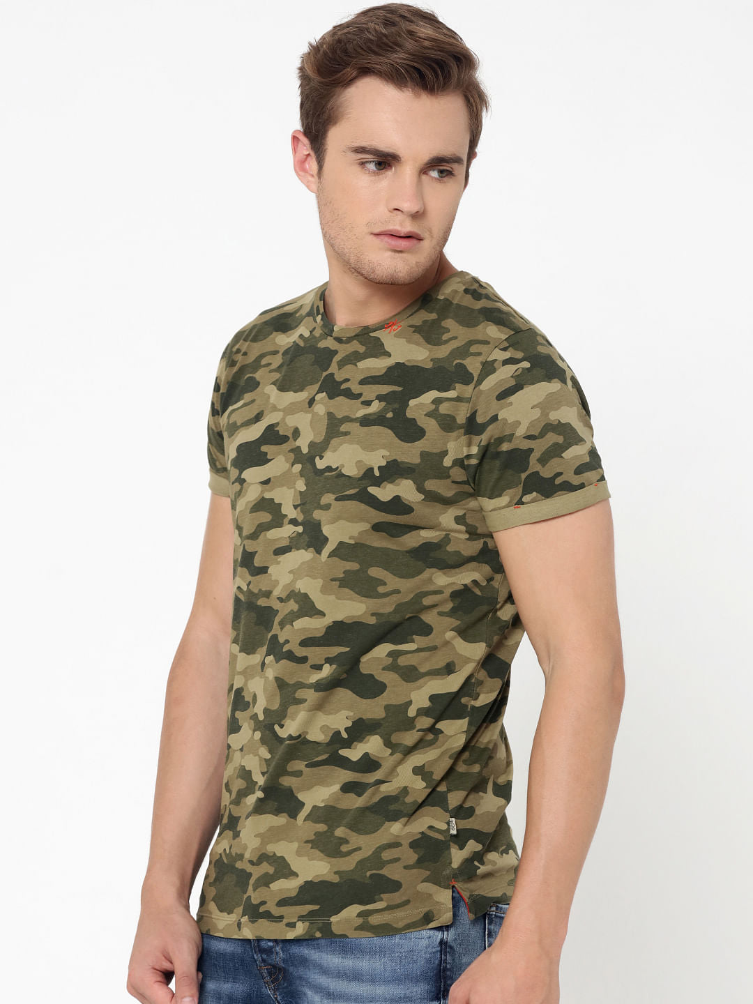 Green Camo Print Crew Neck T-Shirt