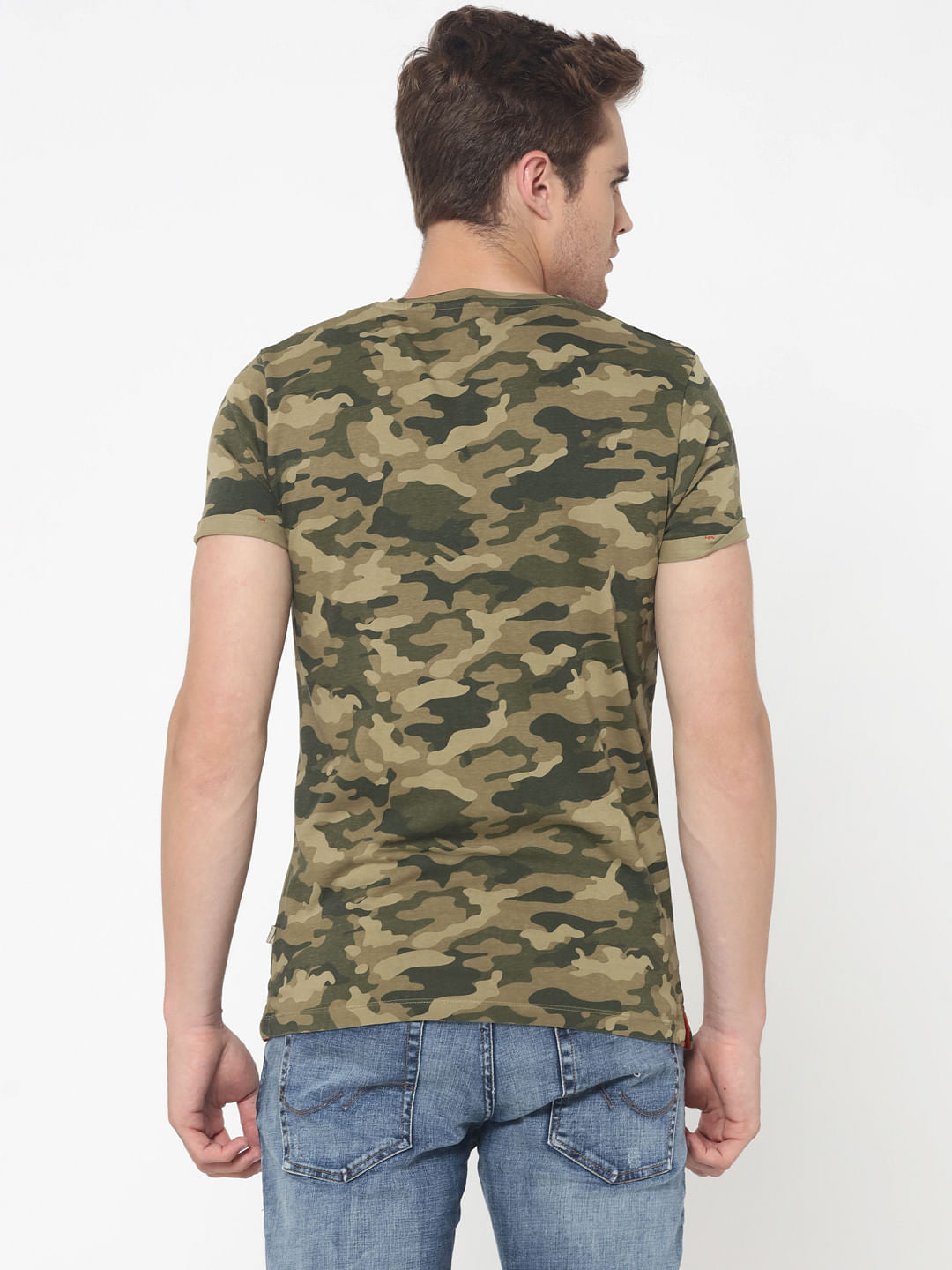 Green Camo Print Crew Neck T-Shirt