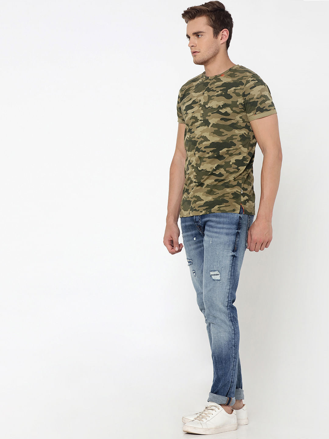 Green Camo Print Crew Neck T-Shirt
