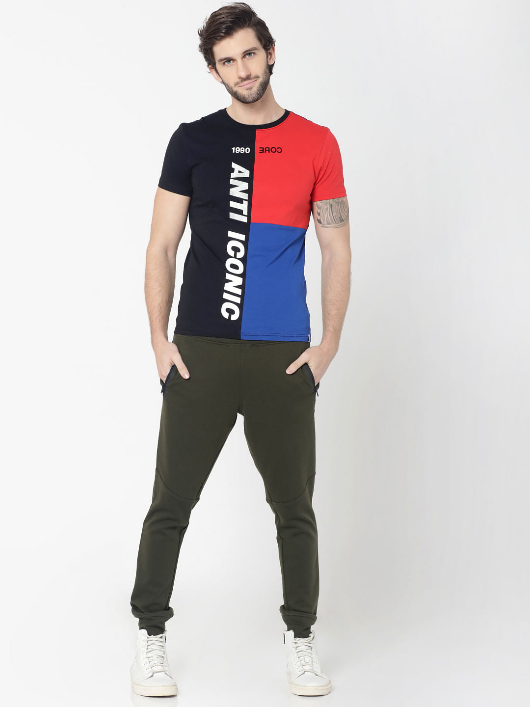 Black Colourblocked Crew Neck T-Shirt