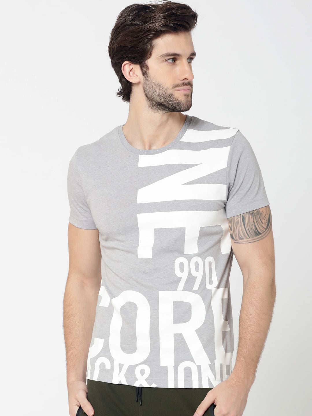 Light Grey Text Print Crew Neck T-Shirt