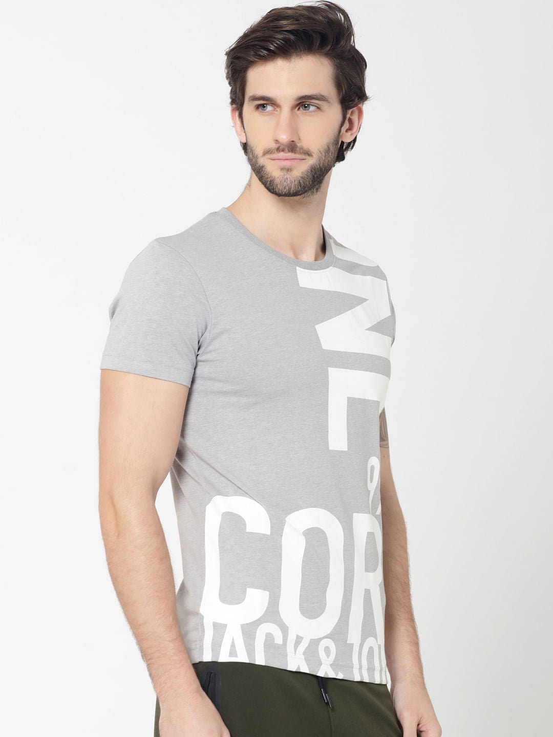 Light Grey Text Print Crew Neck T-Shirt