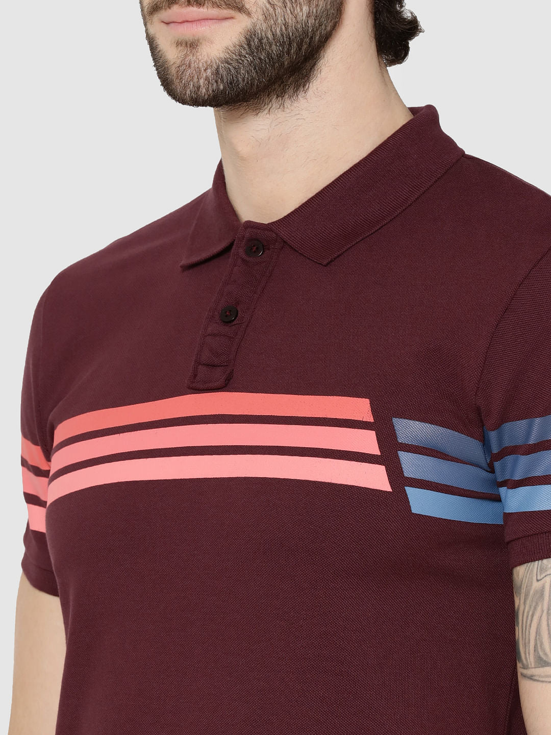 Burgundy Colour Blocked Striped Polo T-Shirt