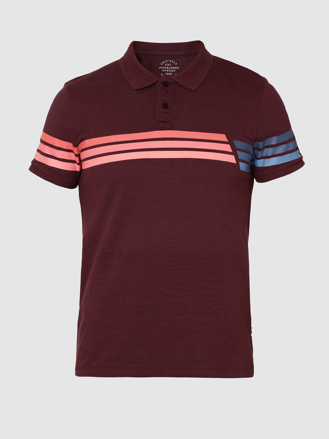 Burgundy Colour Blocked Striped Polo T-Shirt