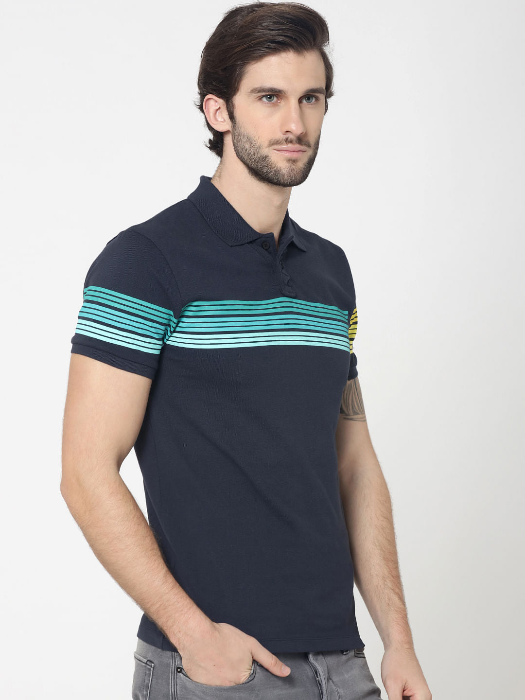 Blue Colourblocked Striped Polo T-Shirt