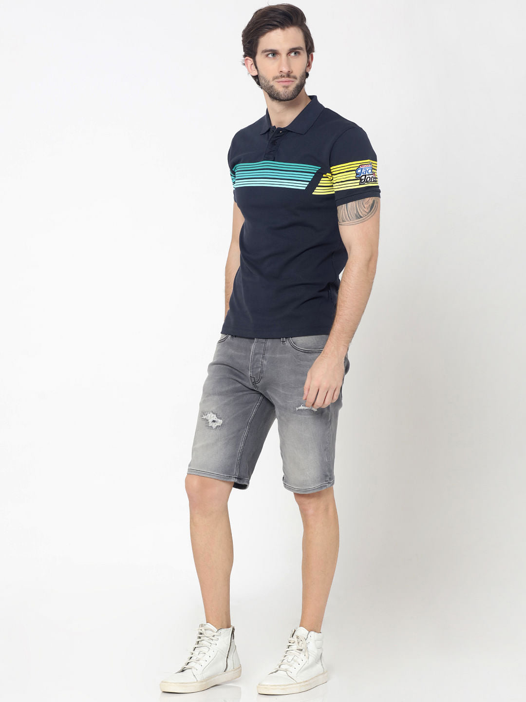 Blue Colourblocked Striped Polo T-Shirt