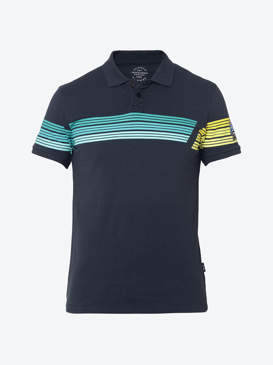 Blue Colourblocked Striped Polo T-Shirt