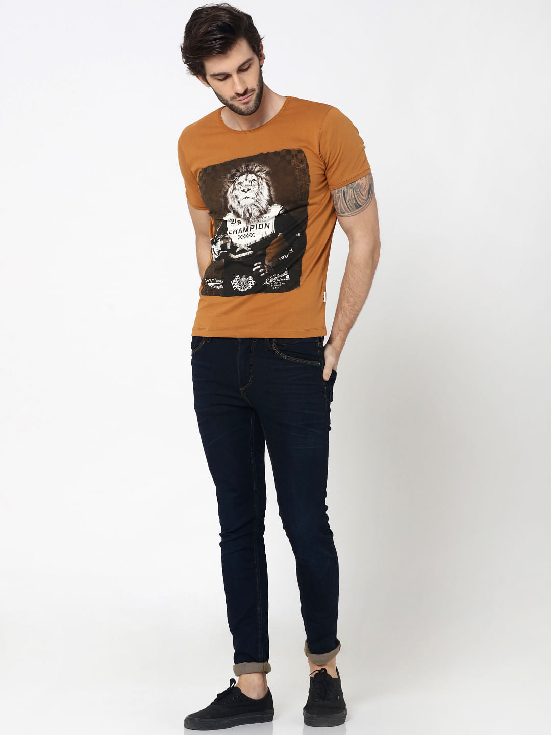Brown Lion Graphic Print Crew Neck T-Shirt