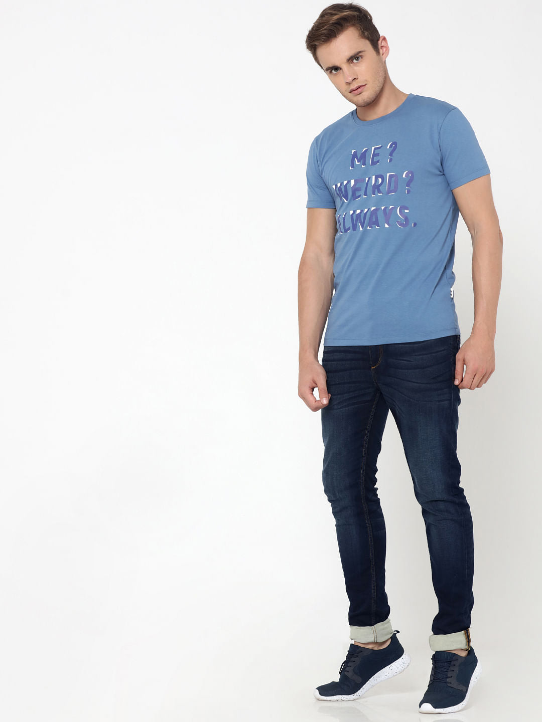 Blue Slogan Print Crew Neck T-Shirt