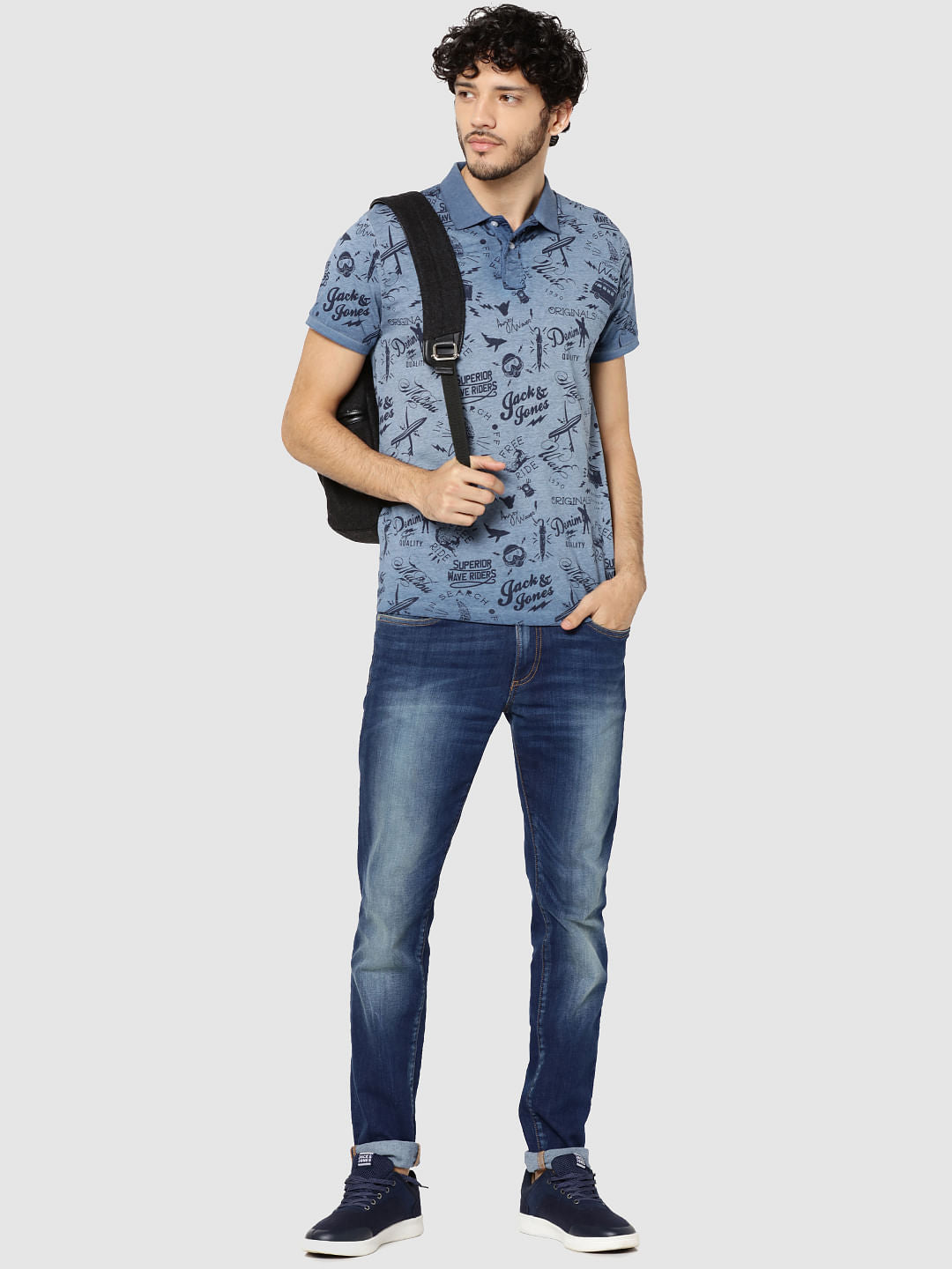 Blue All Over Text Print Polo T-Shirt