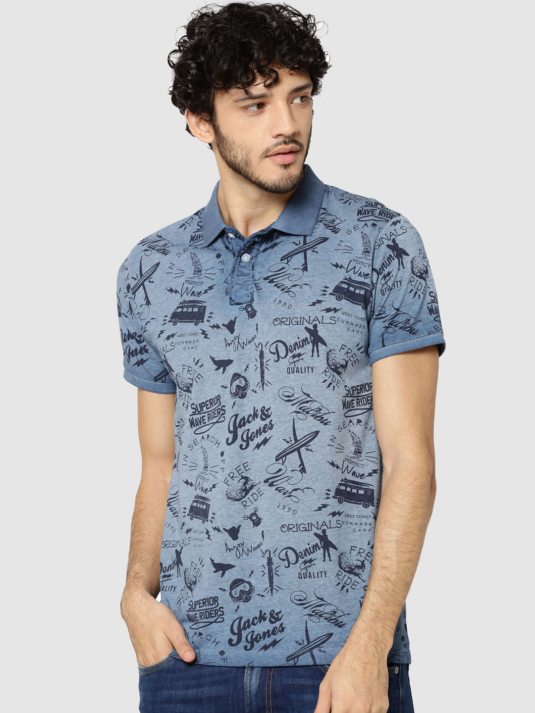 Blue All Over Text Print Polo T-Shirt