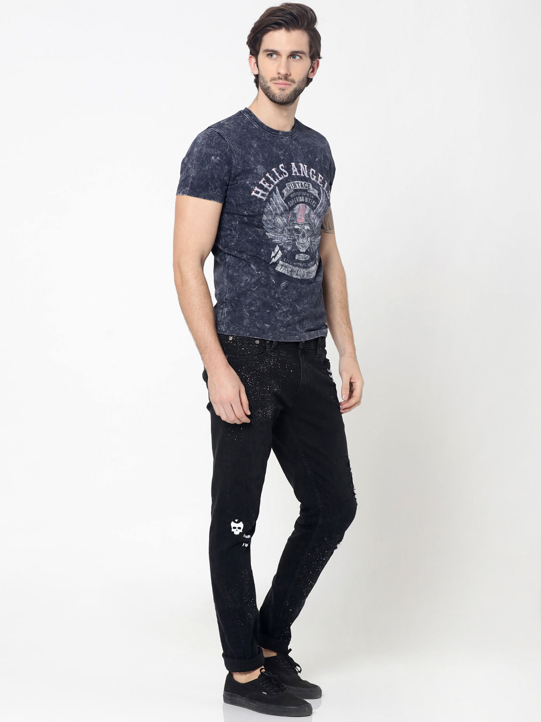 Blue Skull Graphic Print Crew Neck T-Shirt