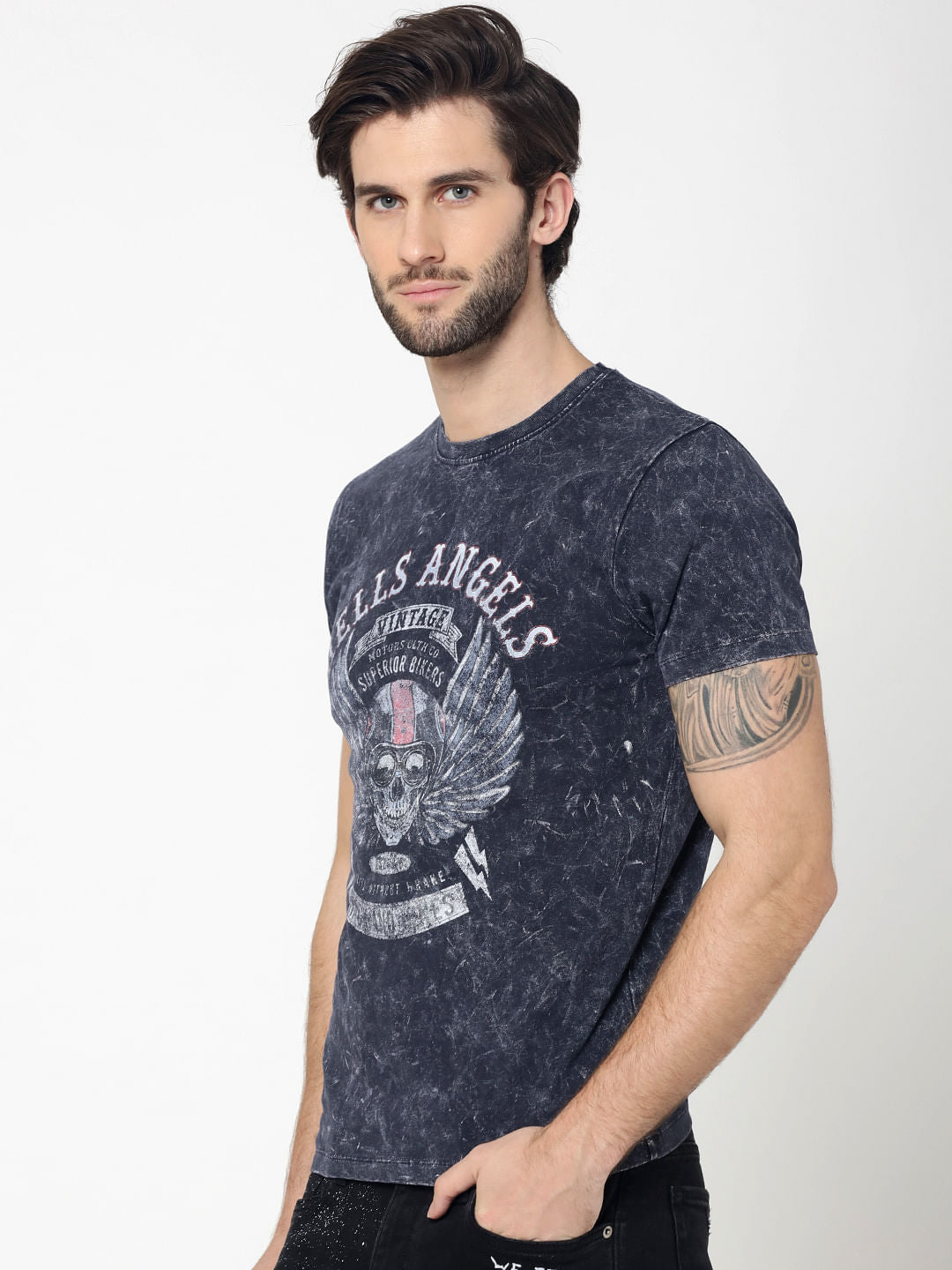 Blue Skull Graphic Print Crew Neck T-Shirt