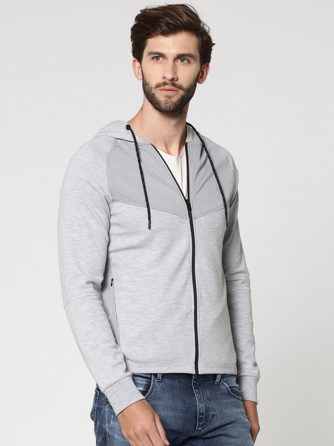 Grey Mesh Detail Zip Up Hooded Sweat Jacket