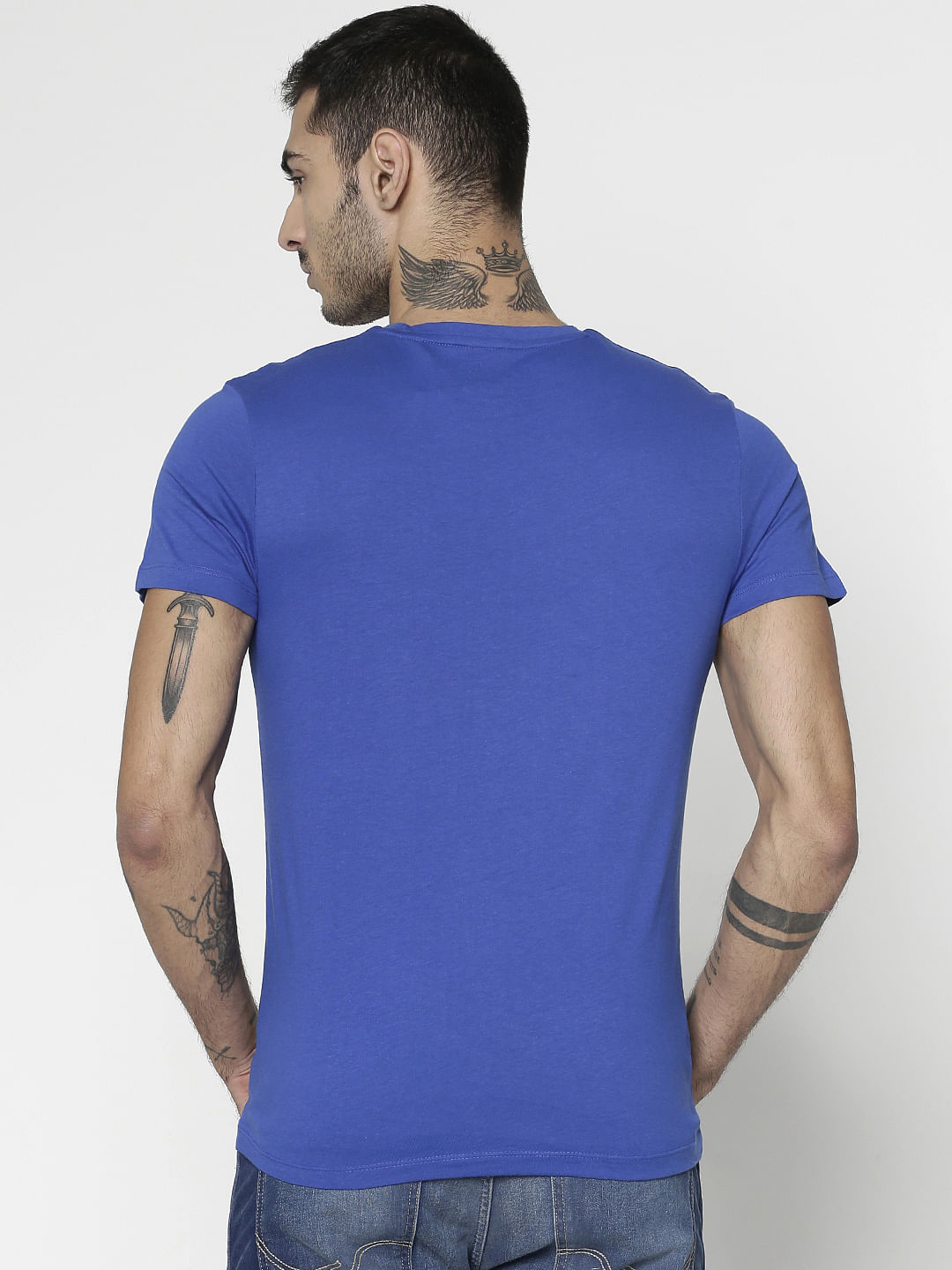 Blue Printed Slim Fit Crew Neck T-Shirt