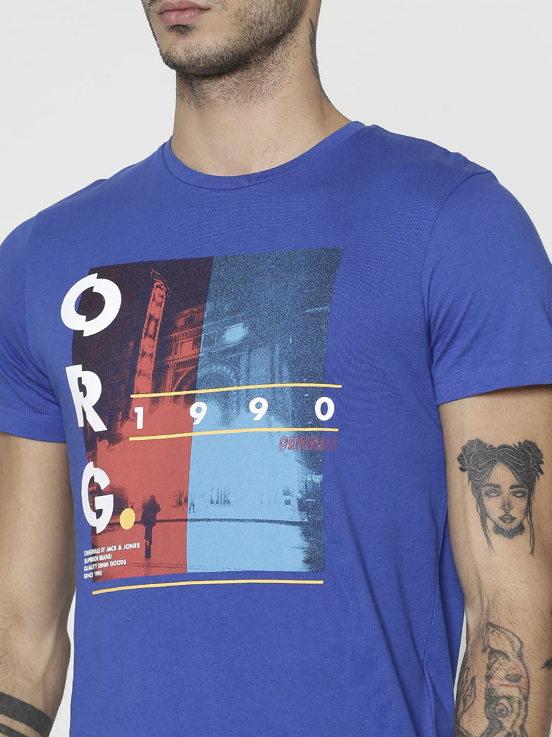 Blue Printed Slim Fit Crew Neck T-Shirt