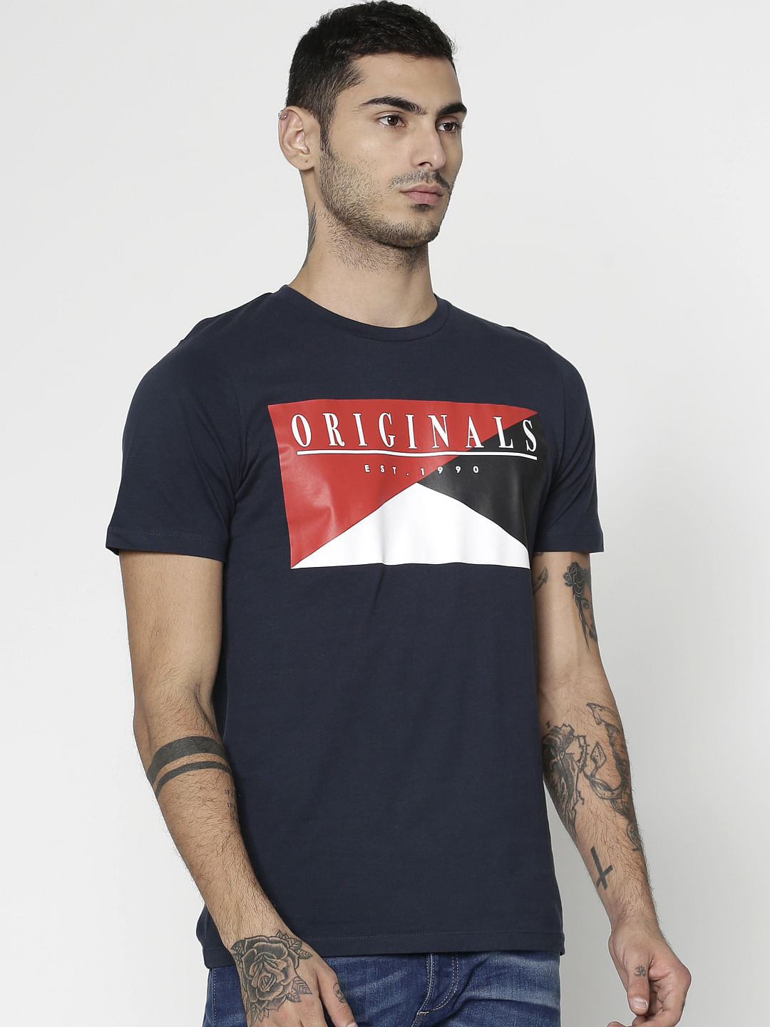 Navy Blue Text Print Slim Fit Crew Neck T-Shirt