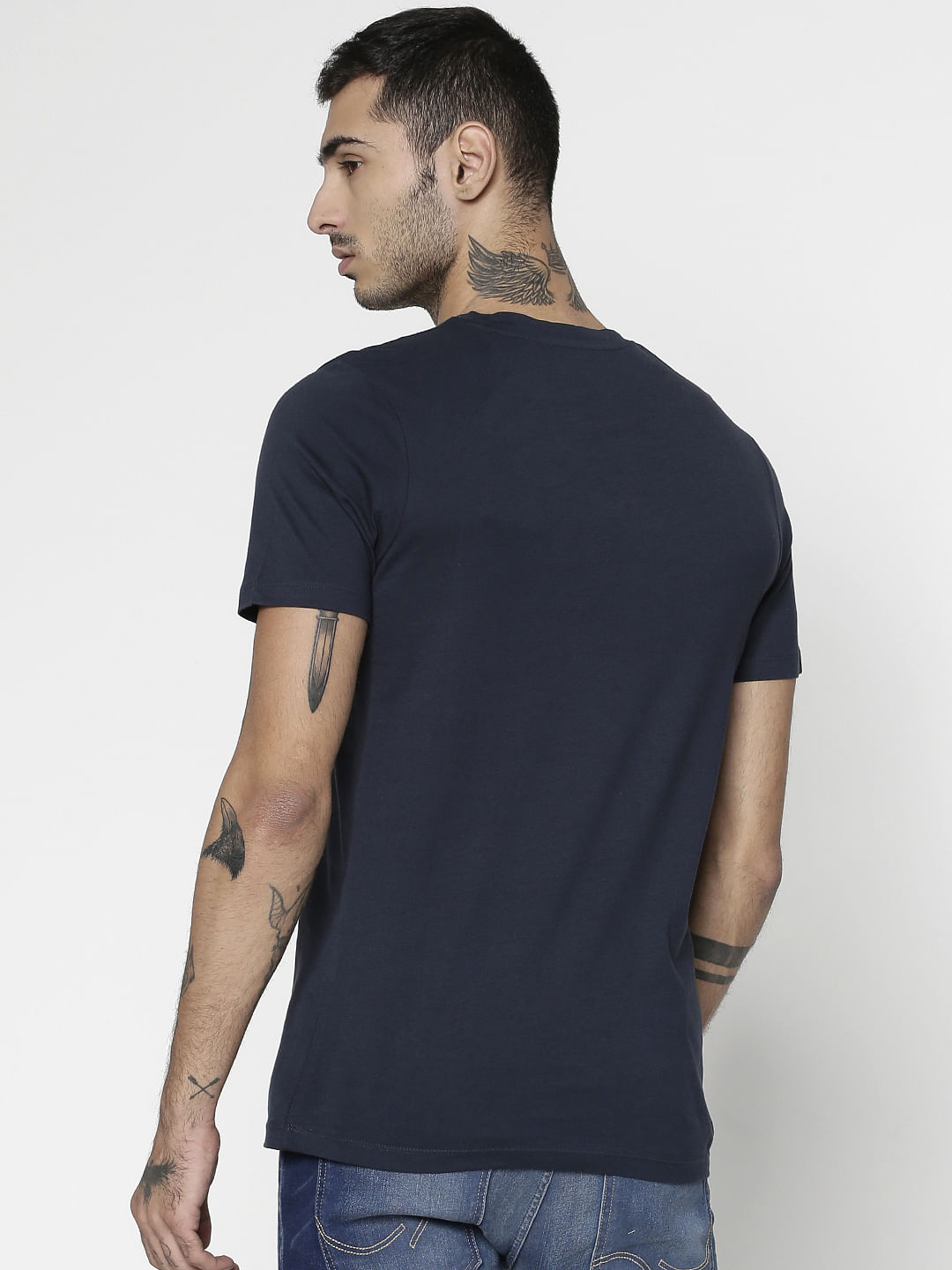 Navy Blue Text Print Slim Fit Crew Neck T-Shirt