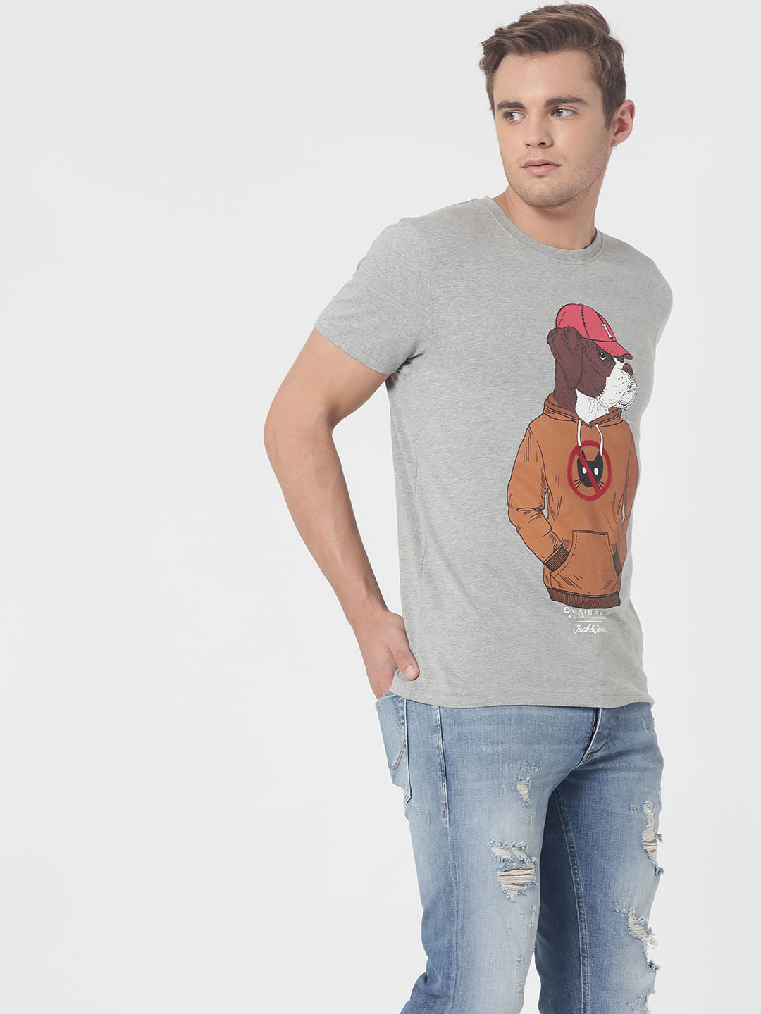 Grey Dog Print Crew Neck T-Shirt