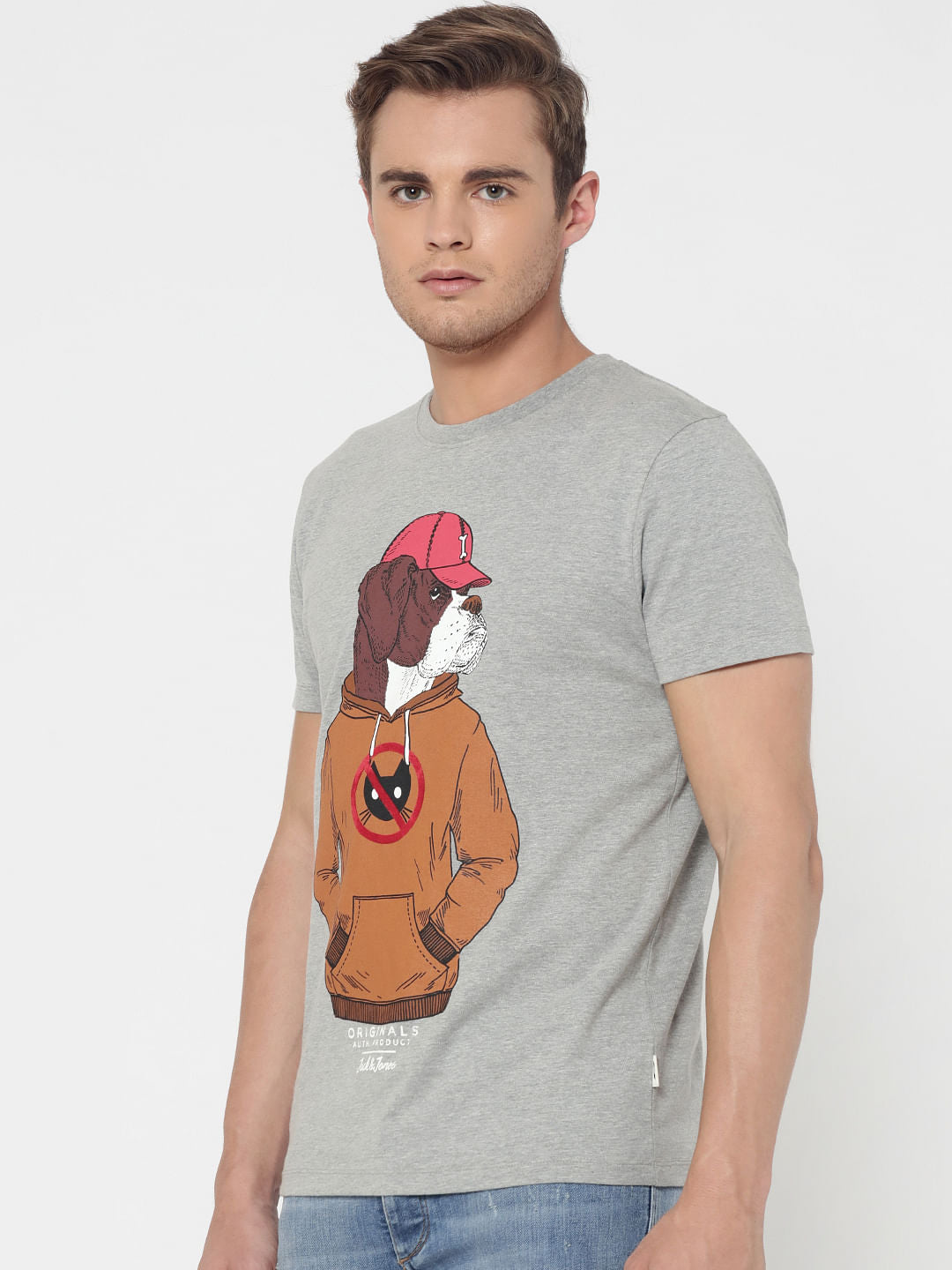 Grey Dog Print Crew Neck T-Shirt