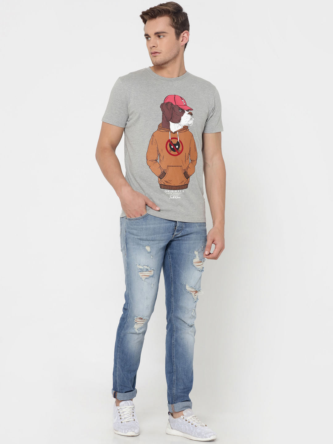 Grey Dog Print Crew Neck T-Shirt
