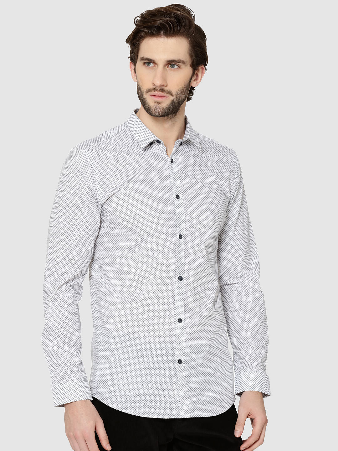 White All Over Print Full Sleeves Slim Fit Shirt