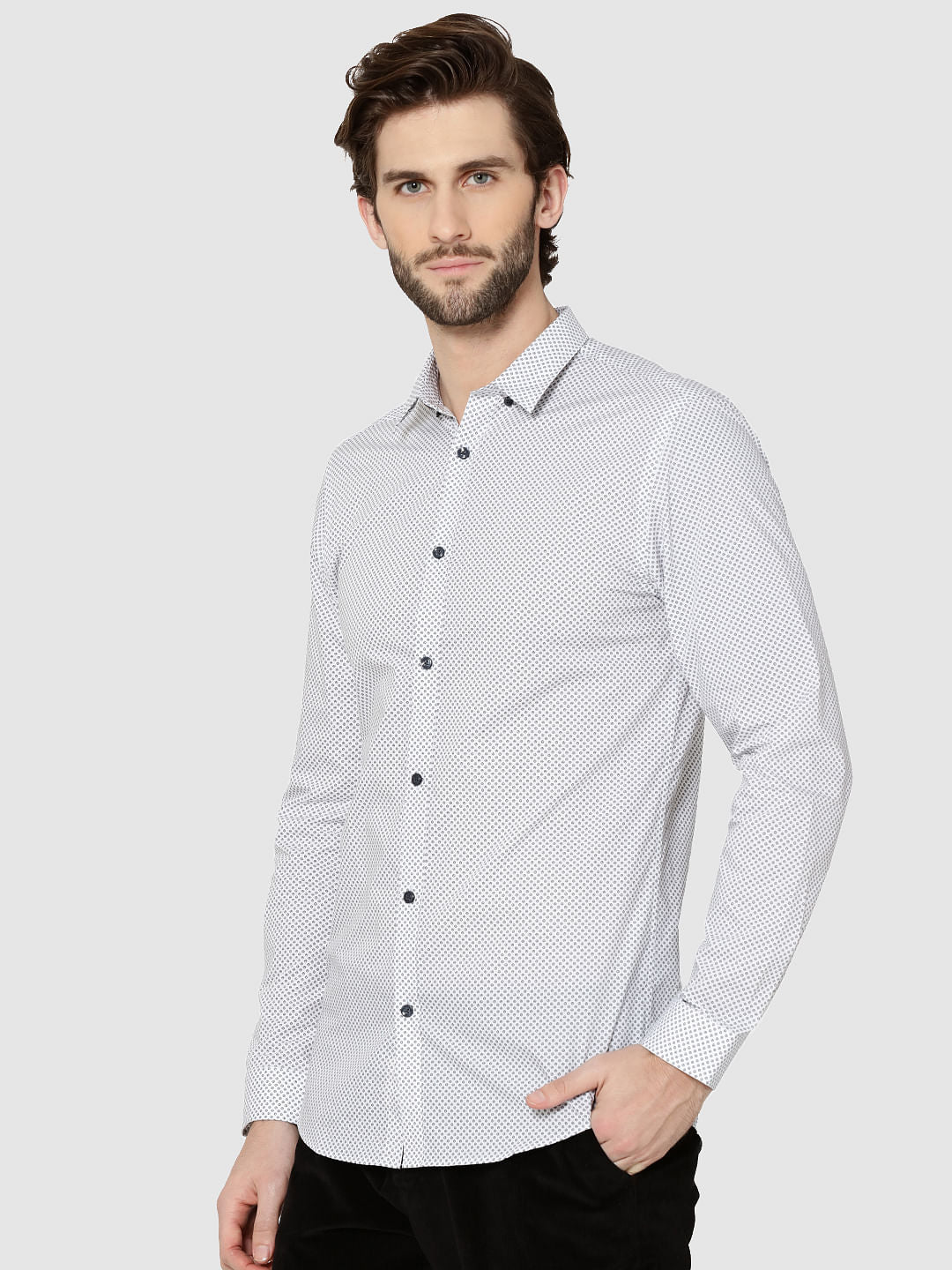 White All Over Print Full Sleeves Slim Fit Shirt