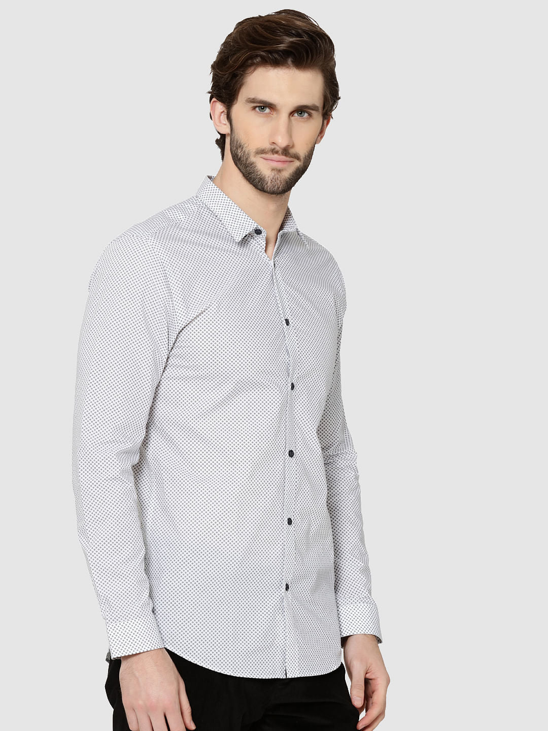 White All Over Print Full Sleeves Slim Fit Shirt