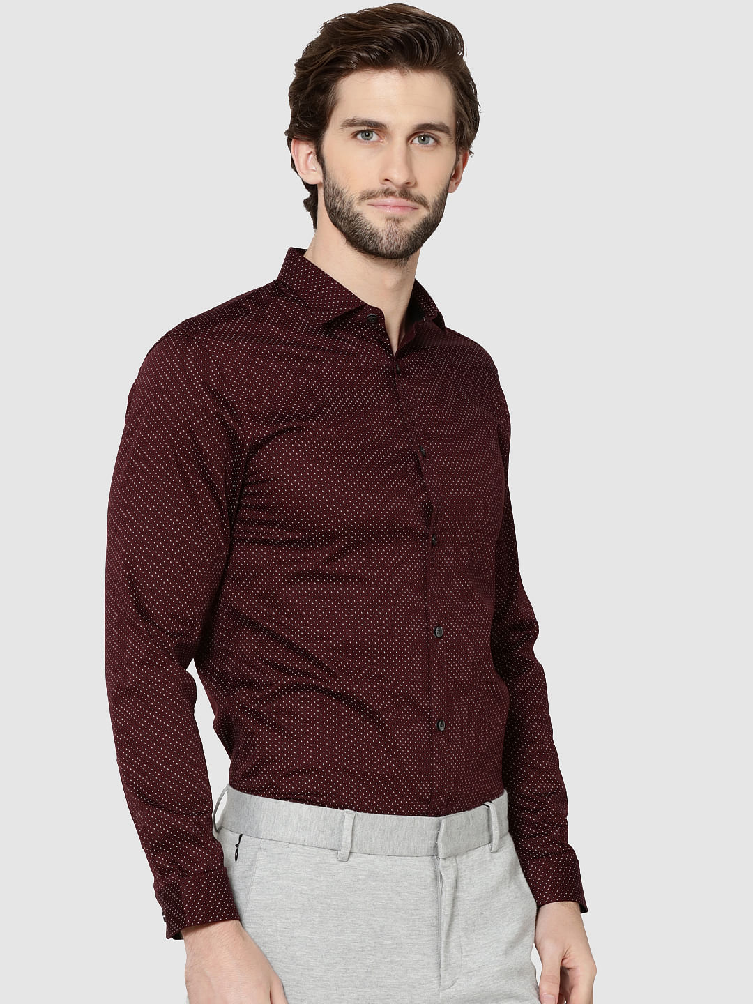 Burgundy All Over Print Full Sleeves Slim Fit Shirt