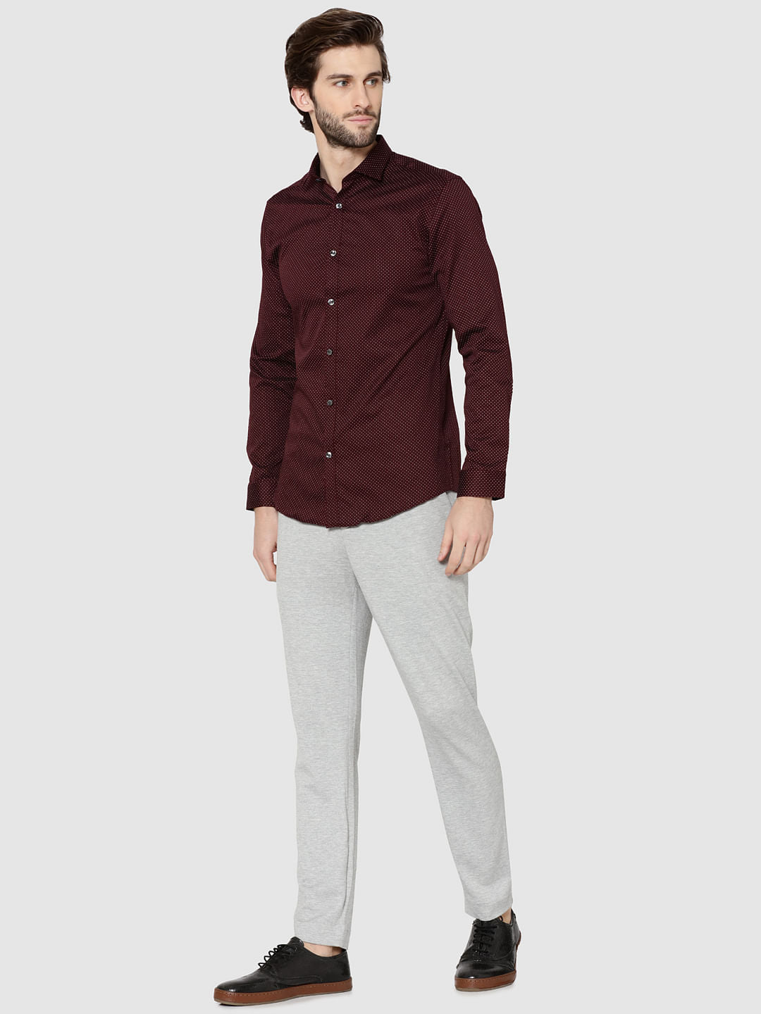 Burgundy All Over Print Full Sleeves Slim Fit Shirt