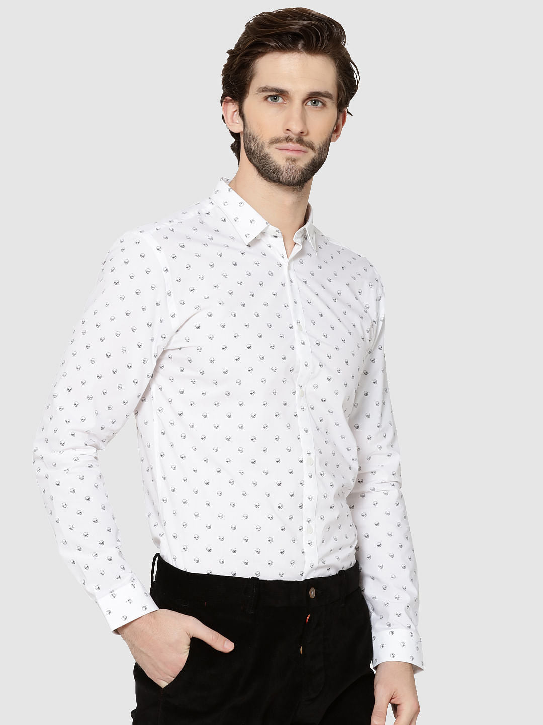 White All Over Skull Print Full Sleeves Shirt