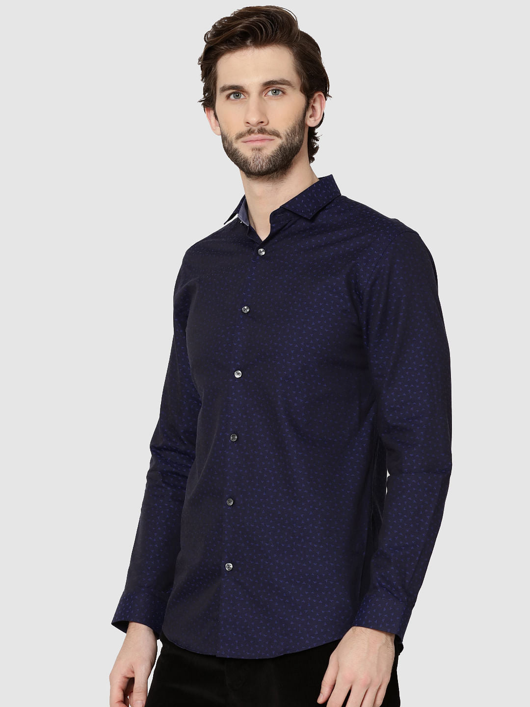 Dark Blue All Over Printed Jacquard Slim Fit Shirt