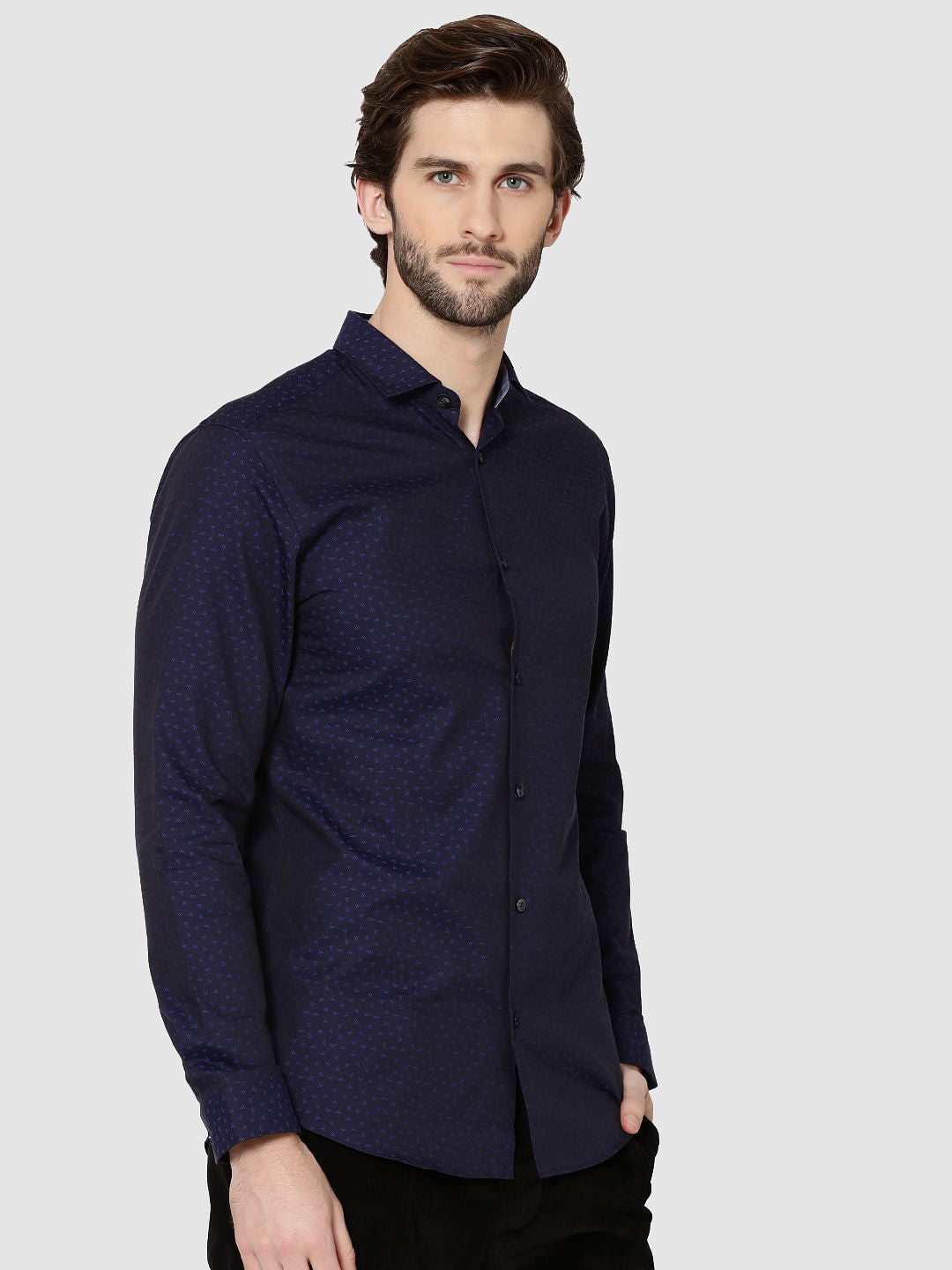 Dark Blue All Over Printed Jacquard Slim Fit Shirt
