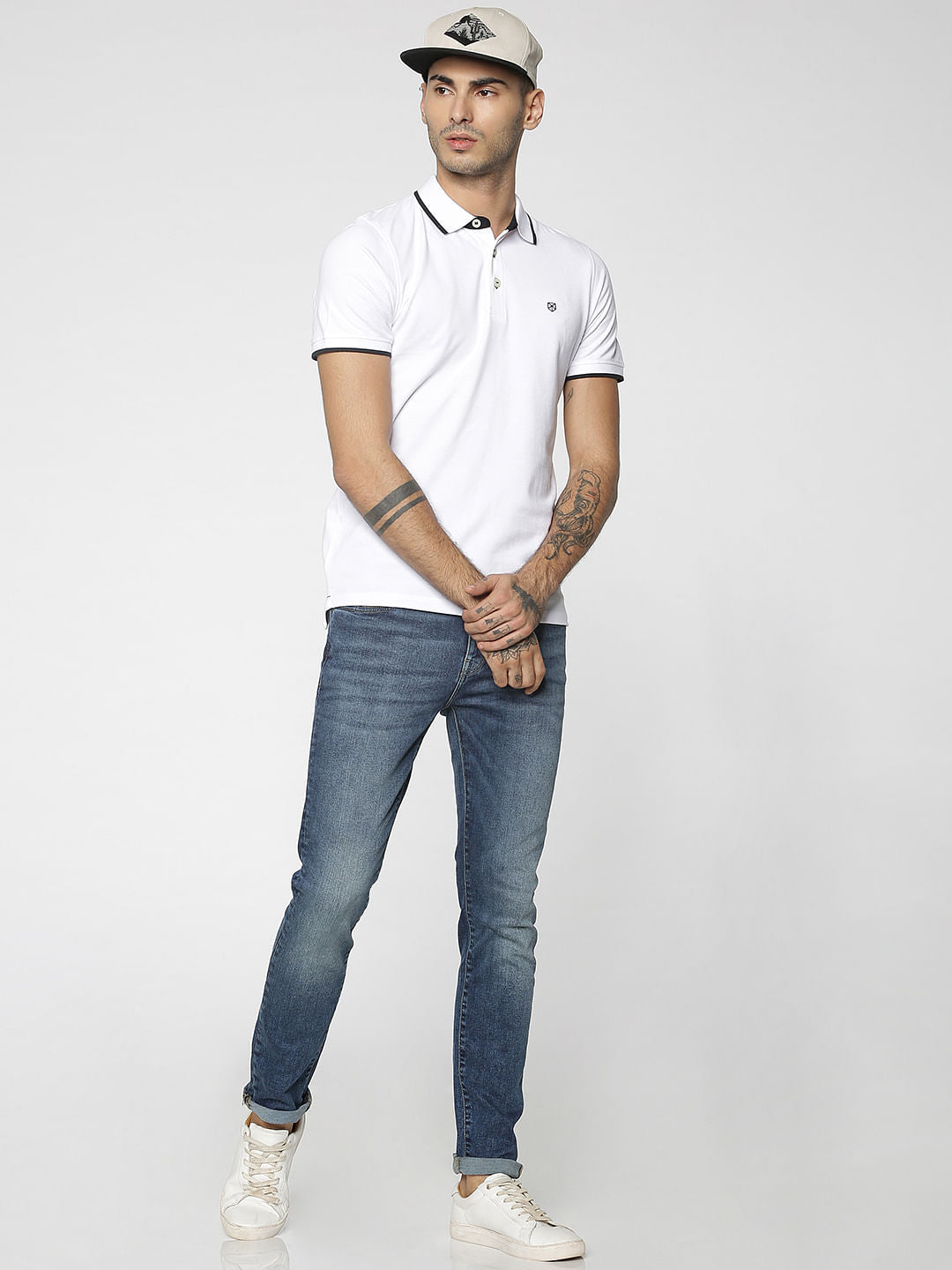 White Contrast Collar Piping Polo T-Shirt