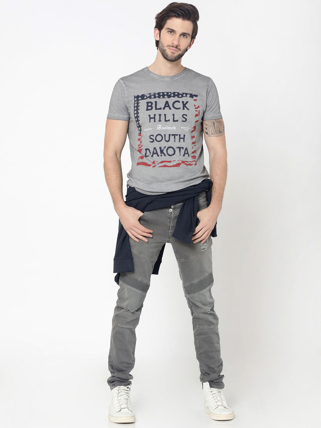 Grey Graphic Print Crew Neck T-Shirt