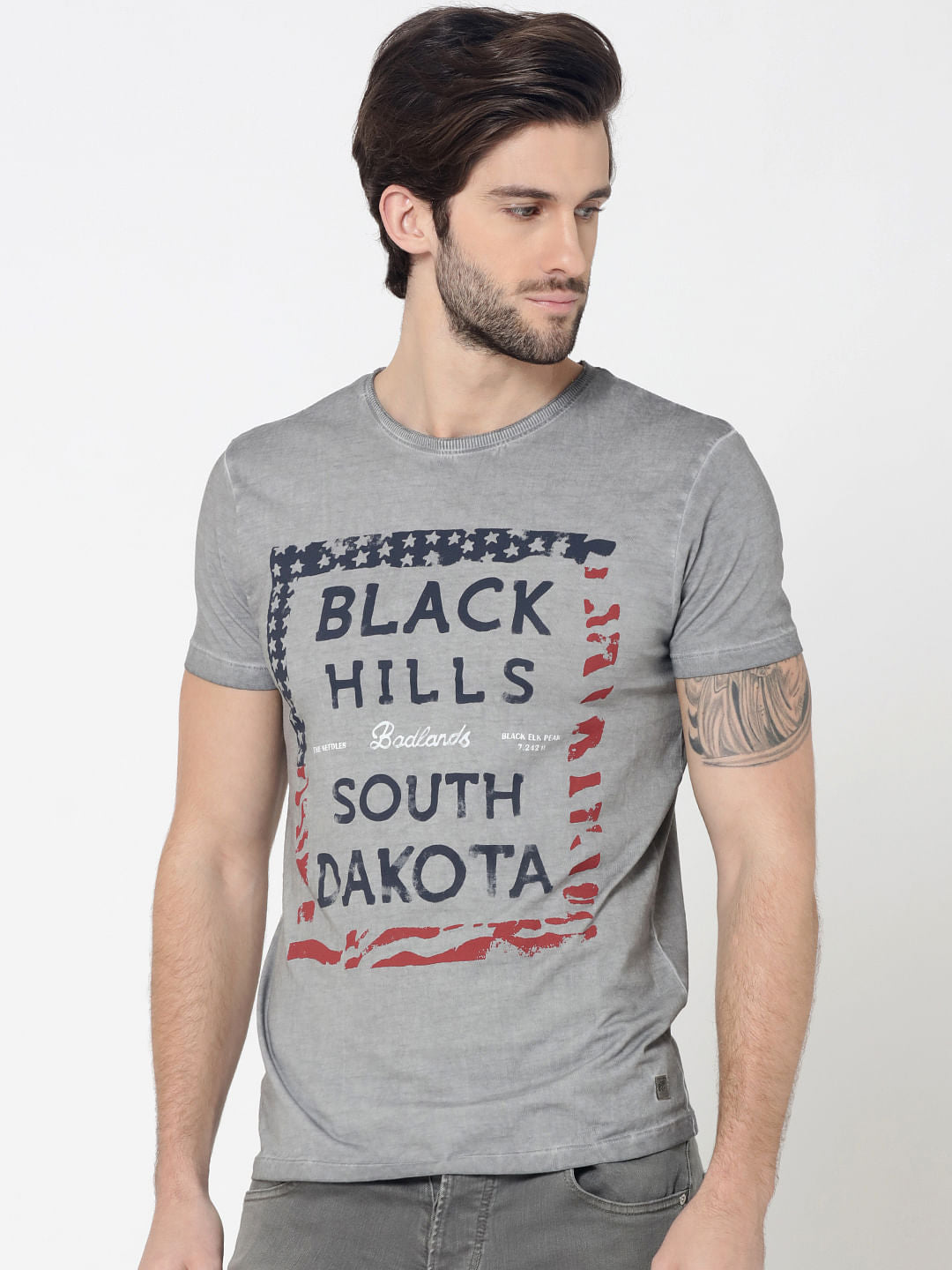 Grey Graphic Print Crew Neck T-Shirt