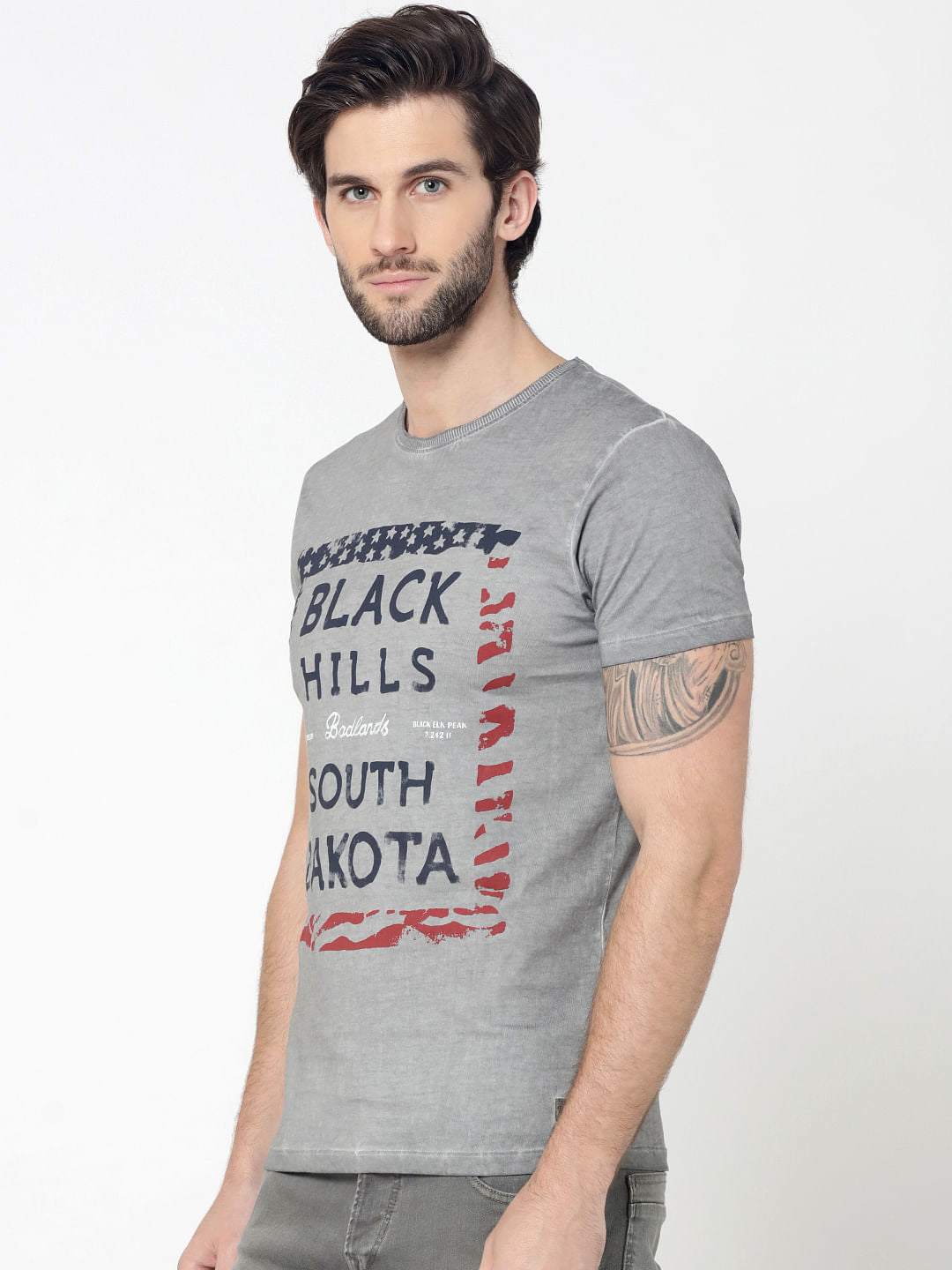 Grey Graphic Print Crew Neck T-Shirt