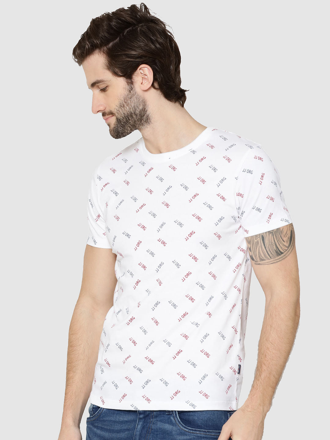 White All Over Text Print Crew Neck T-Shirt